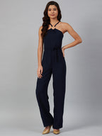 Jompers Women Navy Blue Solid Basic Halter Neck Basic Jumpsuit | Grocsy