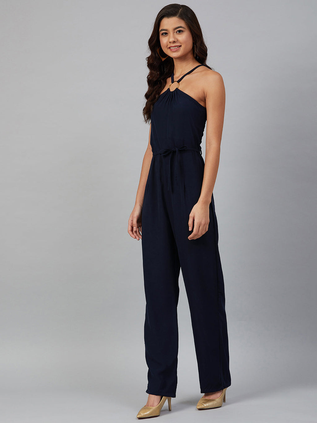 Jompers Women Navy Blue Solid Basic Halter Neck Basic Jumpsuit | Grocsy