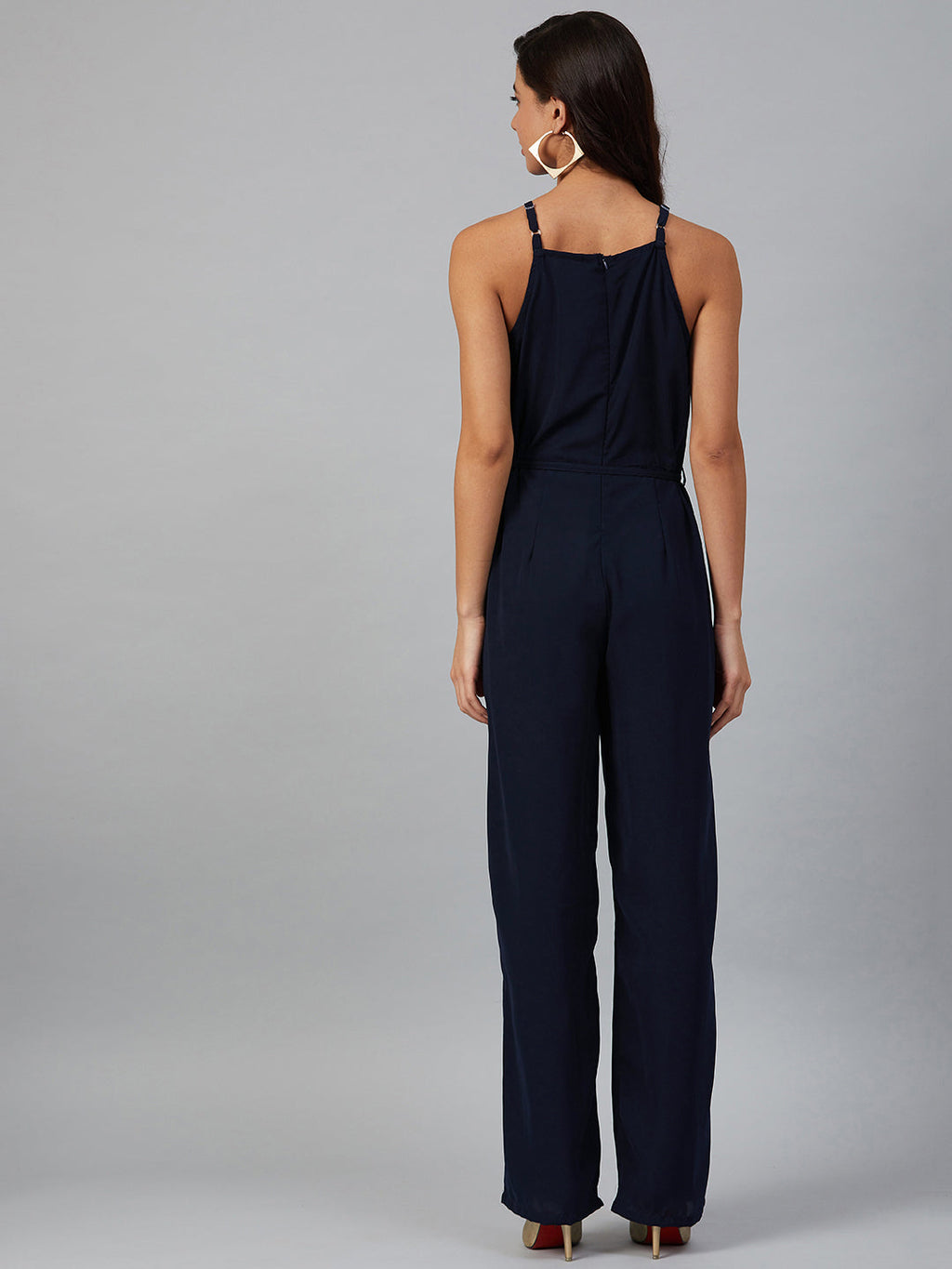 Jompers Women Navy Blue Solid Basic Halter Neck Basic Jumpsuit | Grocsy