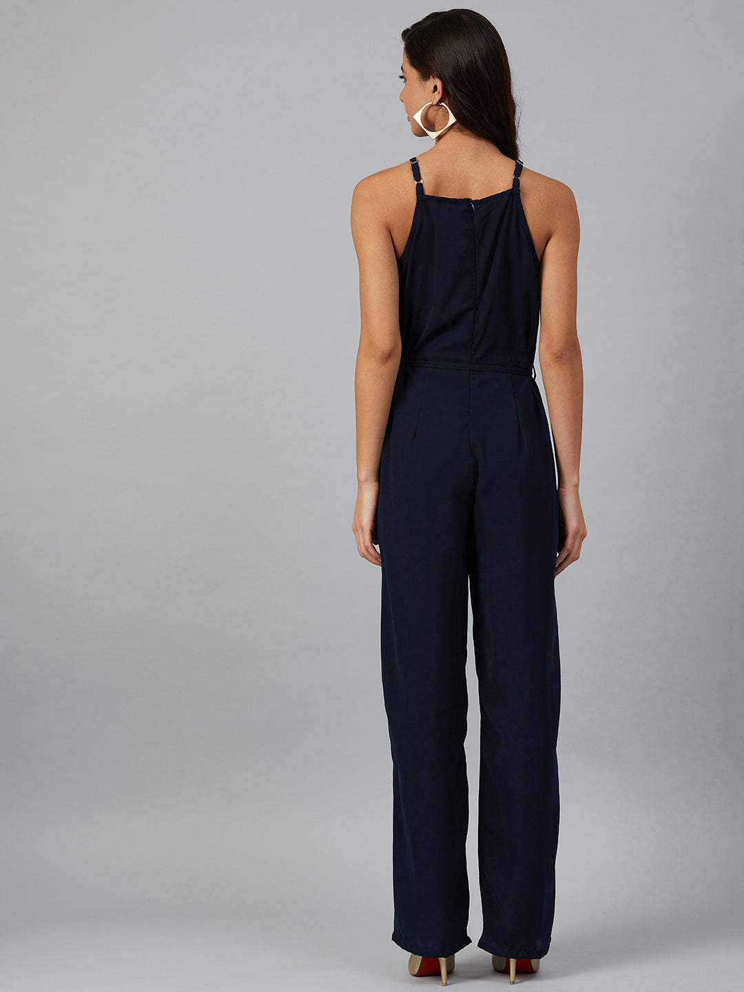 Jompers Women Navy Blue Solid Basic Halter Neck Basic Jumpsuit | Grocsy