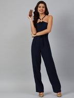 Jompers Women Navy Blue Solid Basic Halter Neck Basic Jumpsuit | Grocsy