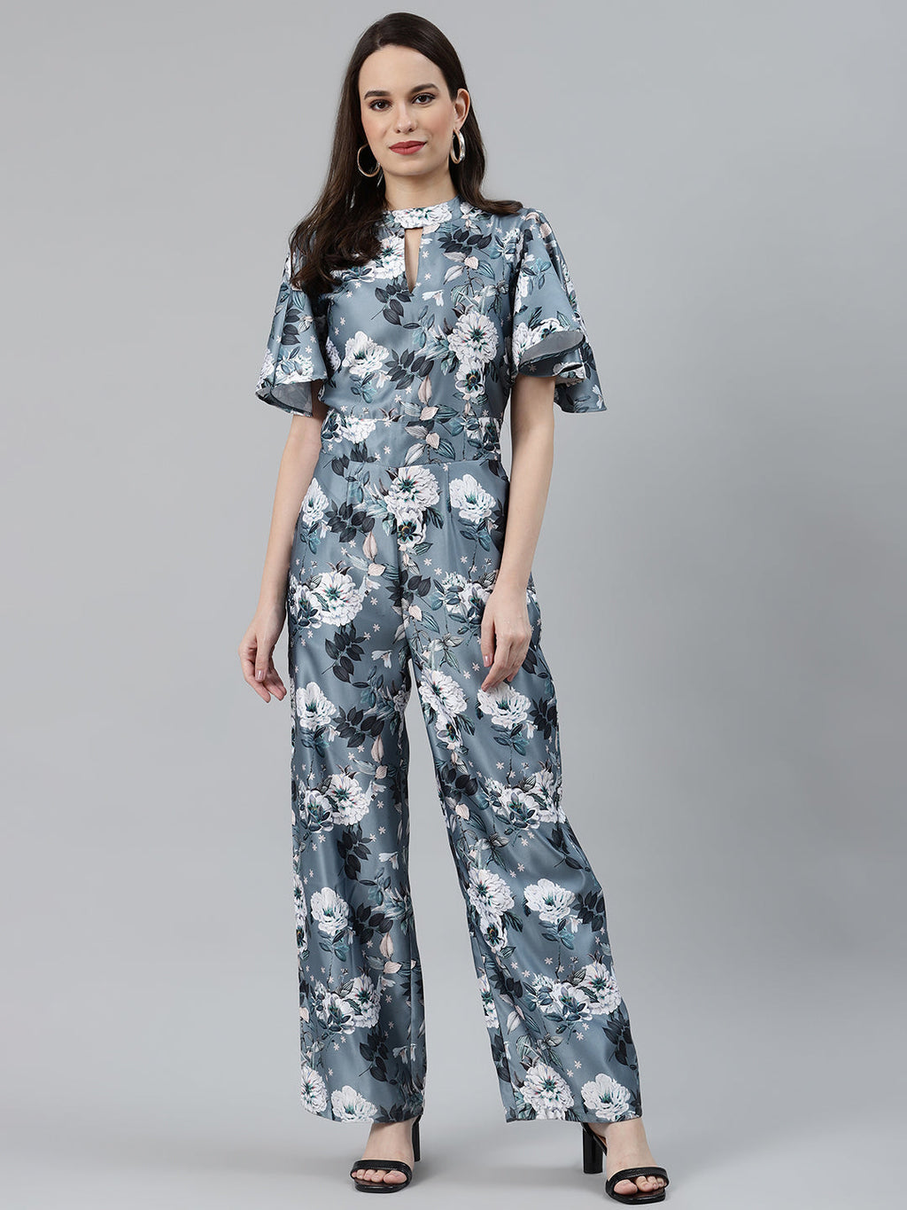Jompers Women Grey & Off-White Printed Keyhole Neck Flared Sleeves Basic Jumpsuit | Grocsy