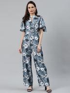 Jompers Women Grey & Off-White Printed Keyhole Neck Flared Sleeves Basic Jumpsuit | Grocsy