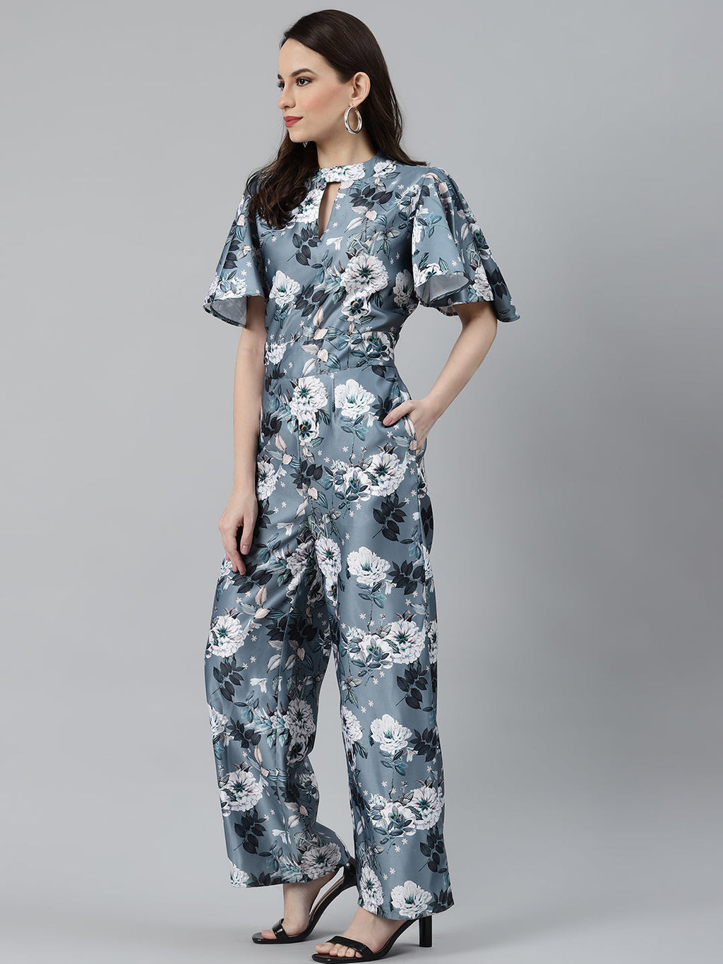 Jompers Women Grey & Off-White Printed Keyhole Neck Flared Sleeves Basic Jumpsuit | Grocsy