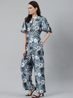 Jompers Women Grey & Off-White Printed Keyhole Neck Flared Sleeves Basic Jumpsuit | Grocsy