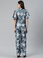 Jompers Women Grey & Off-White Printed Keyhole Neck Flared Sleeves Basic Jumpsuit | Grocsy