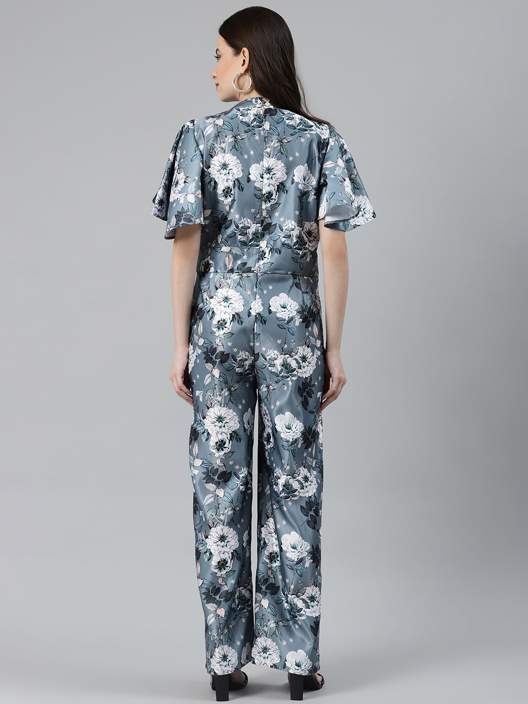 Jompers Women Grey & Off-White Printed Keyhole Neck Flared Sleeves Basic Jumpsuit | Grocsy