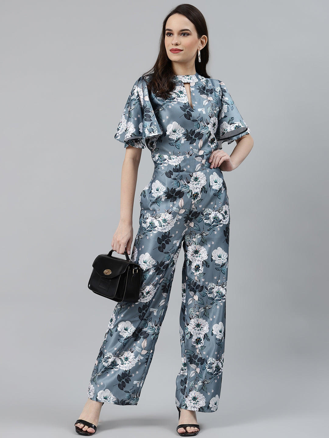 Jompers Women Grey & Off-White Printed Keyhole Neck Flared Sleeves Basic Jumpsuit | Grocsy