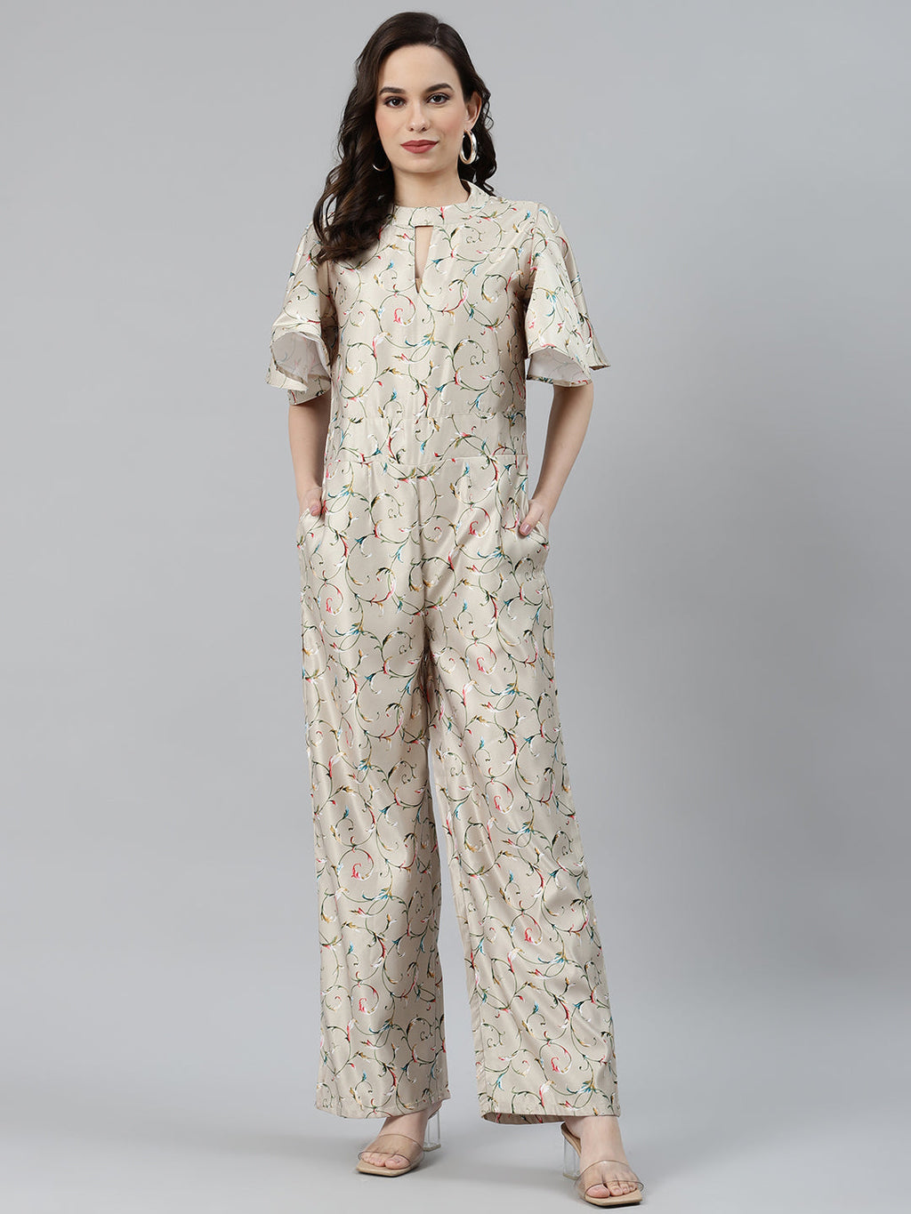 Jompers Women Lime Green & Off-White Printed Keyhole Neck Flared Sleeves Basic Jumpsuit | Grocsy