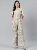 Jompers Women Lime Green & Off-White Printed Keyhole Neck Flared Sleeves Basic Jumpsuit | Grocsy