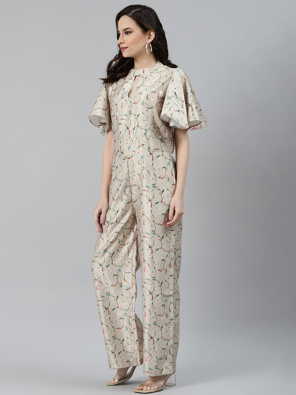 Jompers Women Lime Green & Off-White Printed Keyhole Neck Flared Sleeves Basic Jumpsuit | Grocsy