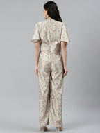 Jompers Women Lime Green & Off-White Printed Keyhole Neck Flared Sleeves Basic Jumpsuit | Grocsy