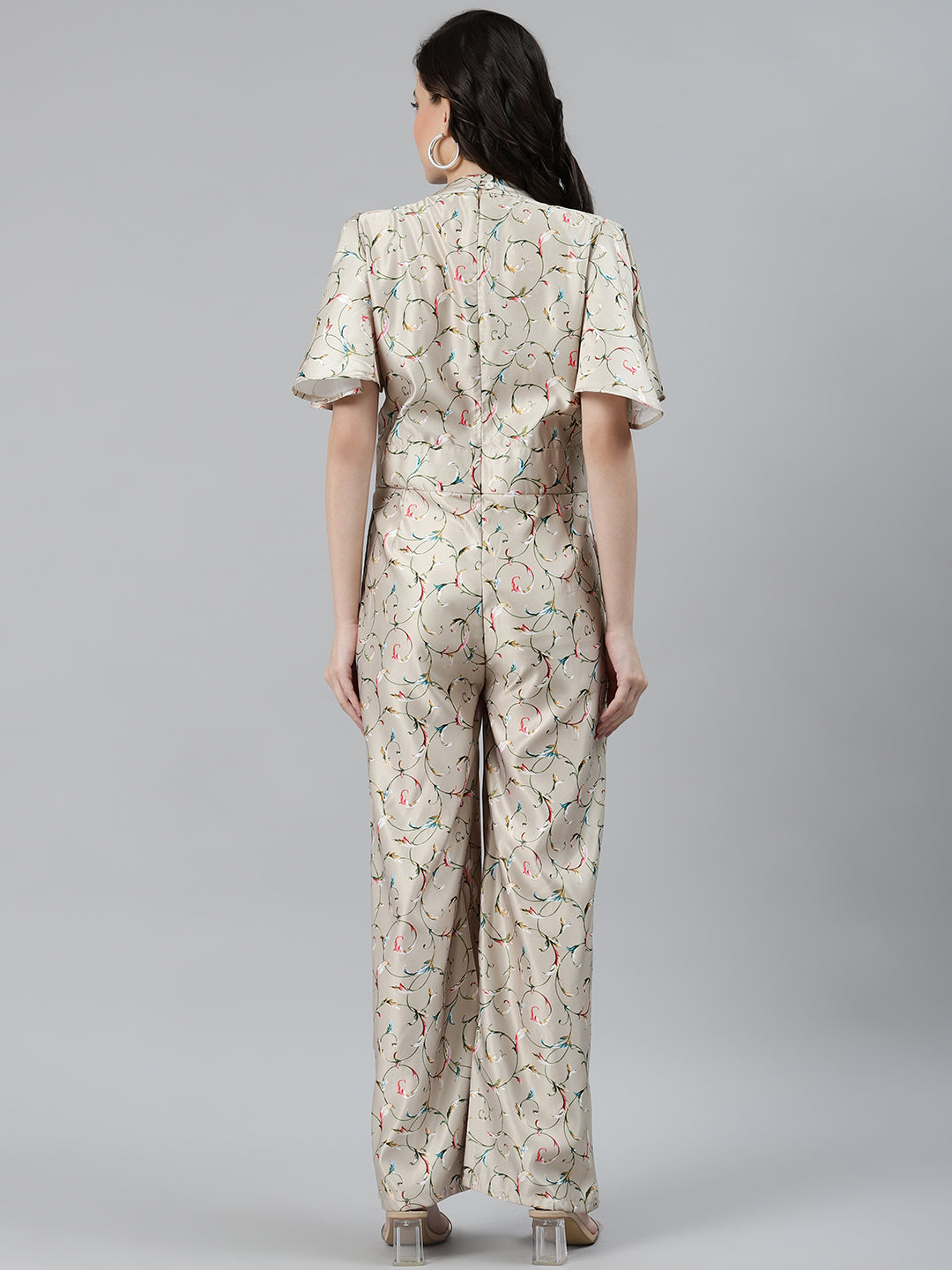 Jompers Women Lime Green & Off-White Printed Keyhole Neck Flared Sleeves Basic Jumpsuit | Grocsy
