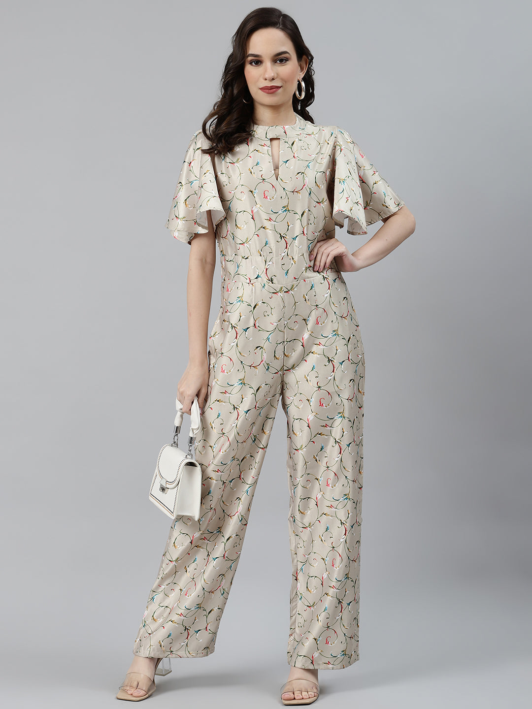 Jompers Women Lime Green & Off-White Printed Keyhole Neck Flared Sleeves Basic Jumpsuit | Grocsy