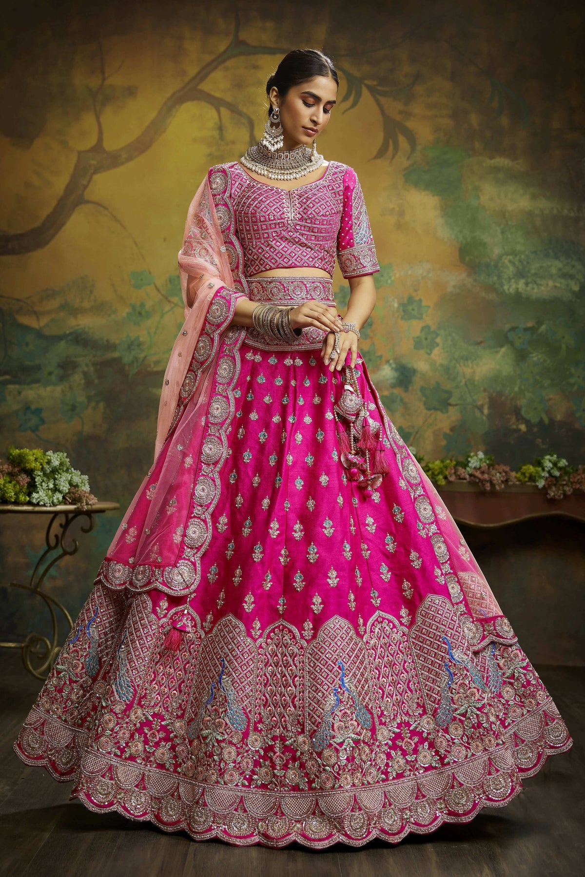 House of Panchhi Pink Pure Silk Moti & Zarkan heavy embroidery Lehenga choli & Dupatta | Grocsy