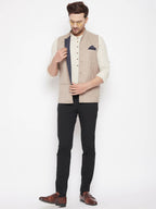 Even Apparels Cream Linen Men's Nehru Jacket-Contrast Lining-Inbuilt Pocket Square | Grocsy