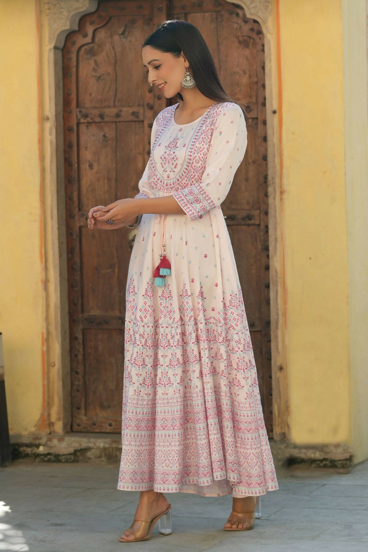 Juniper Women's Pink Viscose Shantoon Festive Printed Flared Dress | Grocsy