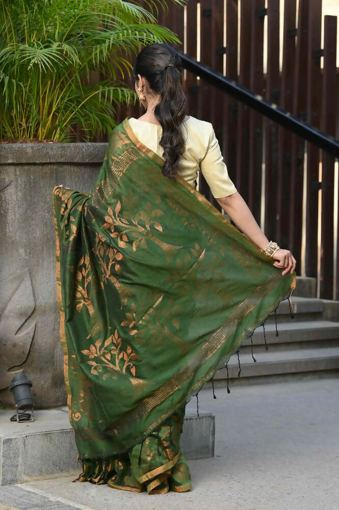 Beatitude Green Cotton Floral Jamdani Saree | Grocsy