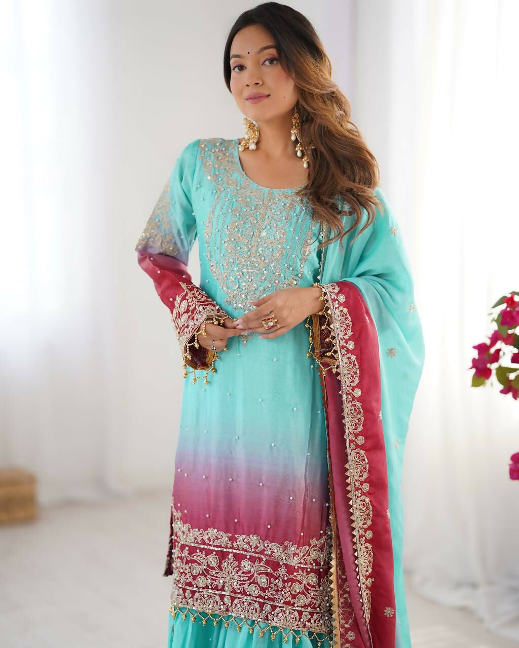 The52 Women's Beautiful Chinon silk Fabric Embroidery Work Straight Kurta Palazzo and Dupatta Set | Grocsy