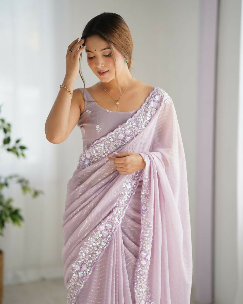 Georgette Designer Sequance Embroidery Work Party Wear Saree - Lavender | Grocsy