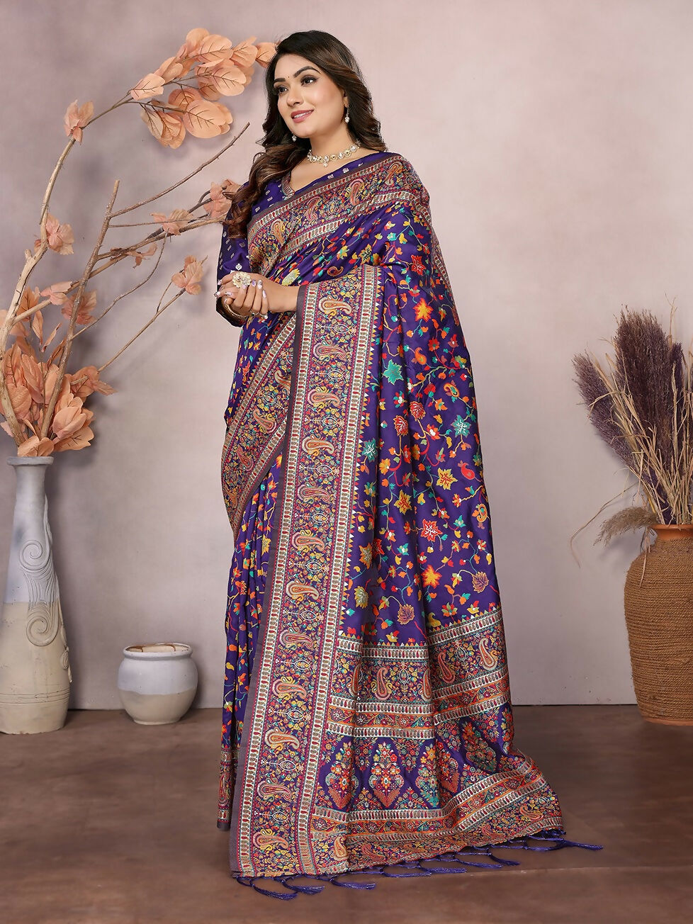 Joban Fashion Purple Meena Weaves Pashmina Sarees | Grocsy