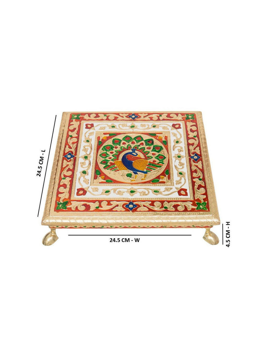 Golden Peacock Gold-Toned & Red Handcrafted Minakari Peacock Design Wooden Chowki | Grocsy
