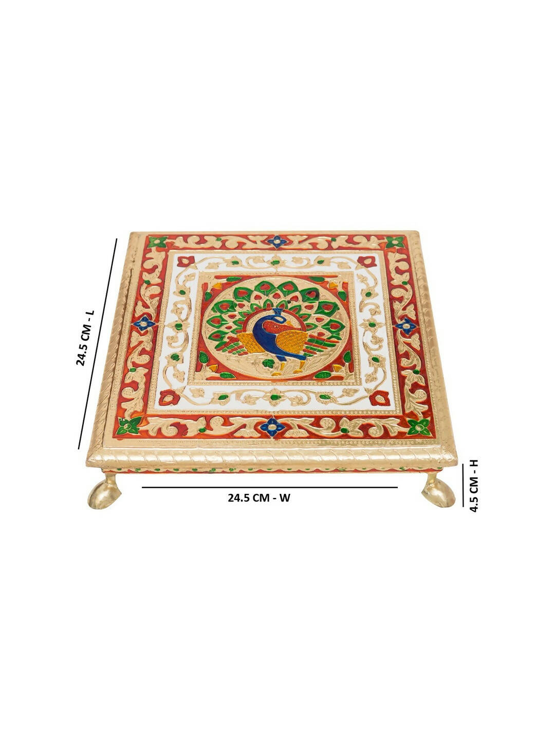Golden Peacock Gold-Toned & Red Handcrafted Minakari Peacock Design Wooden Chowki | Grocsy