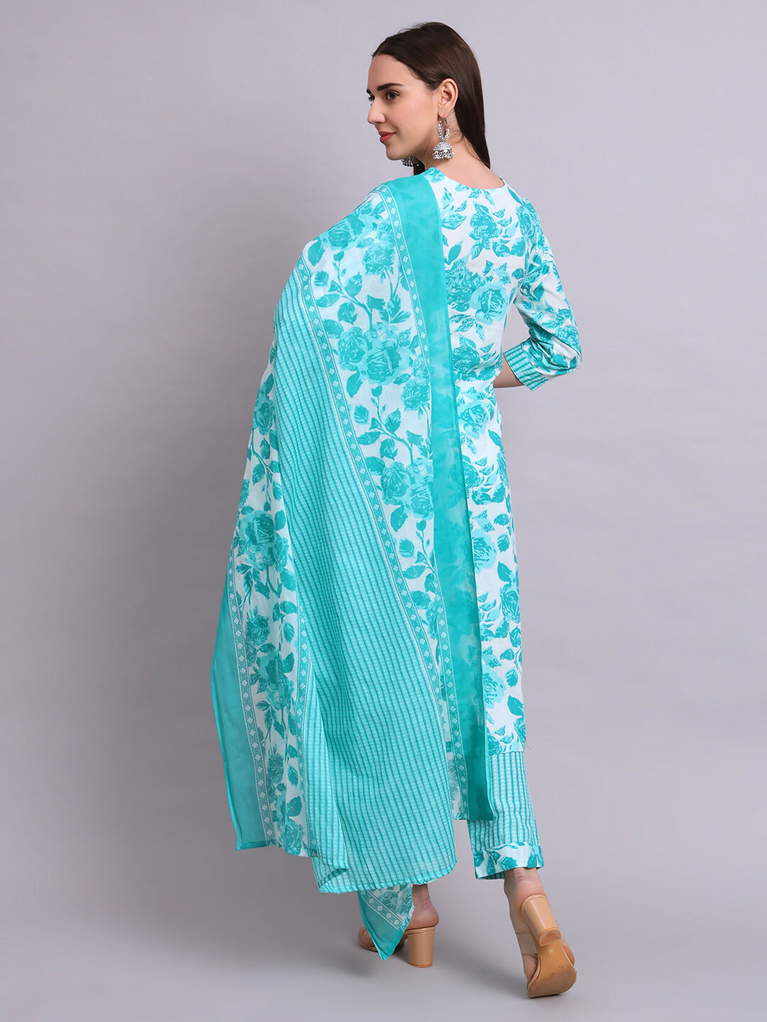 Joban Fashion Green Cotton Floral Printed & Embroidery Work Kurta With Trousers & Dupatta Set | Grocsy