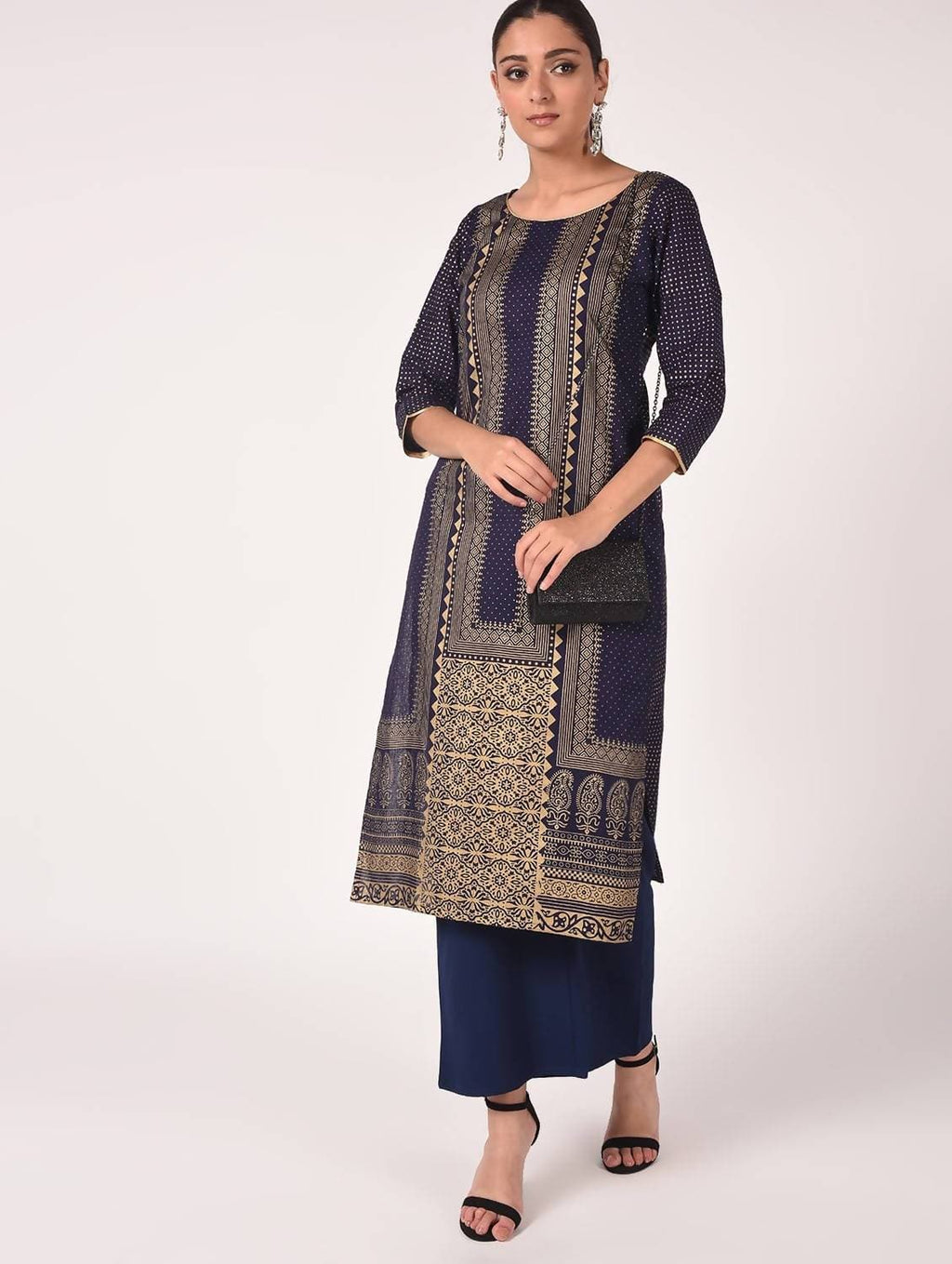 Cheera Hand Block Print Navy Color Straight Kurta | Grocsy