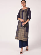 Cheera Hand Block Print Navy Color Straight Kurta | Grocsy