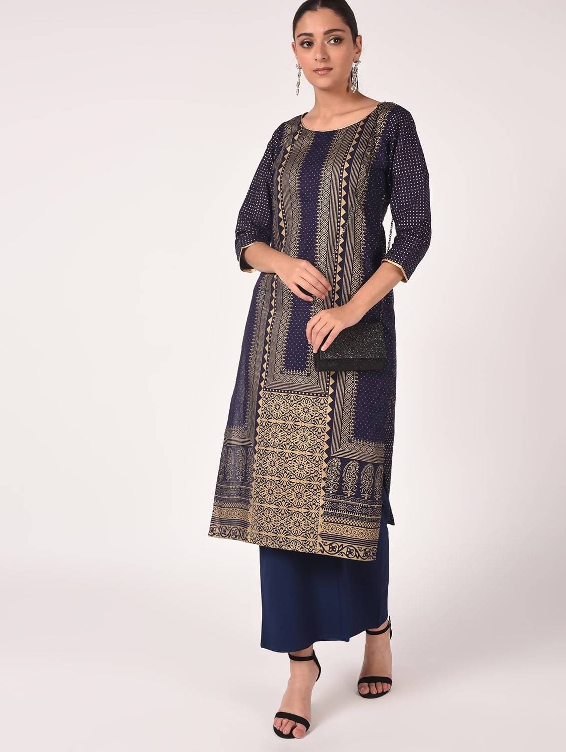 Cheera Hand Block Print Navy Color Straight Kurta | Grocsy