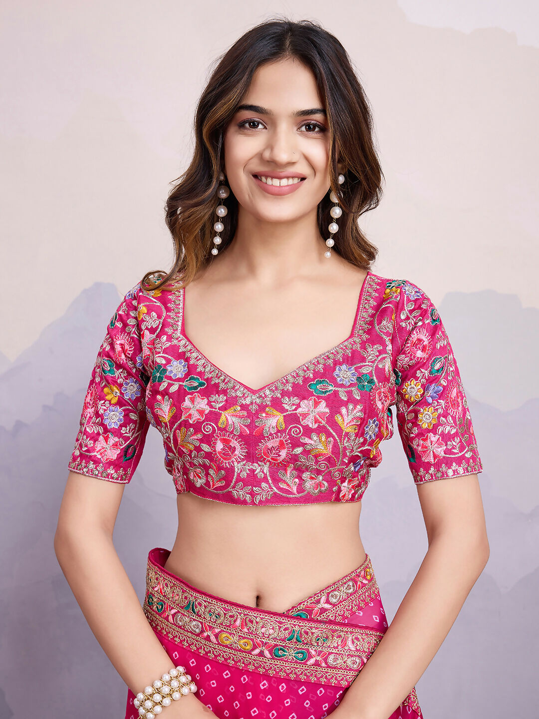 Pink Georgette Bandhani Printed,Embroidery Work Saree - Surkhi | Grocsy