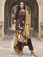 Jyoti Fashion Women's Brown Velvet Floral Digital Printed Kurta with Trouser & Dupatta | Grocsy