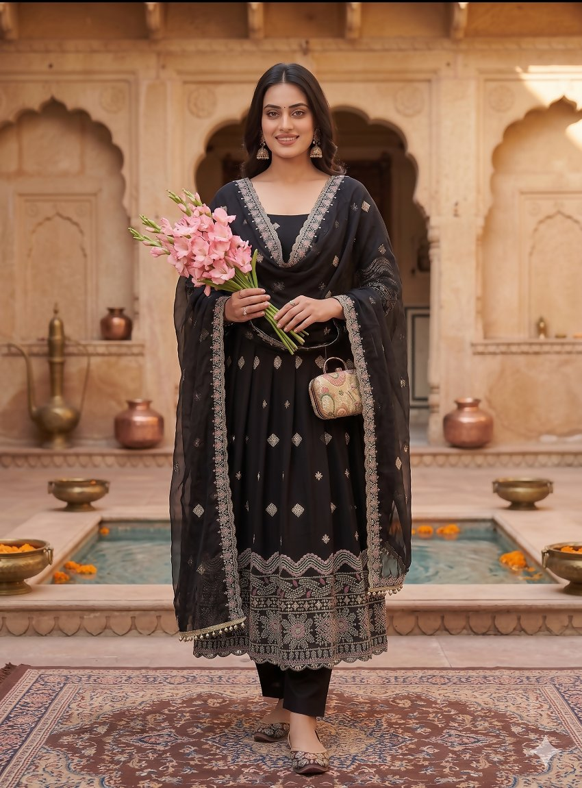 Teeya Creation Premium Black Ethnic Kurti With Sharara And Embellished Dupatta Set | Grocsy