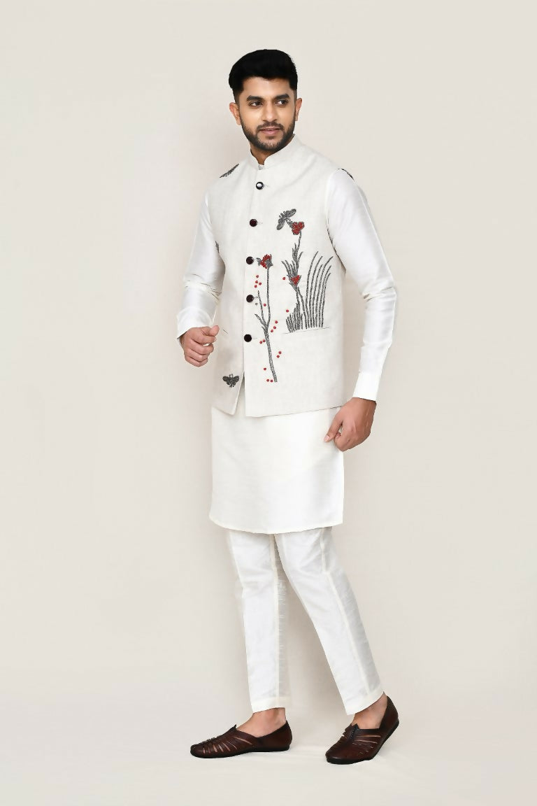 Joban Fashion White Colored Art Silk Fabric Kurta, Jacket With Straight Fit Pant | Grocsy
