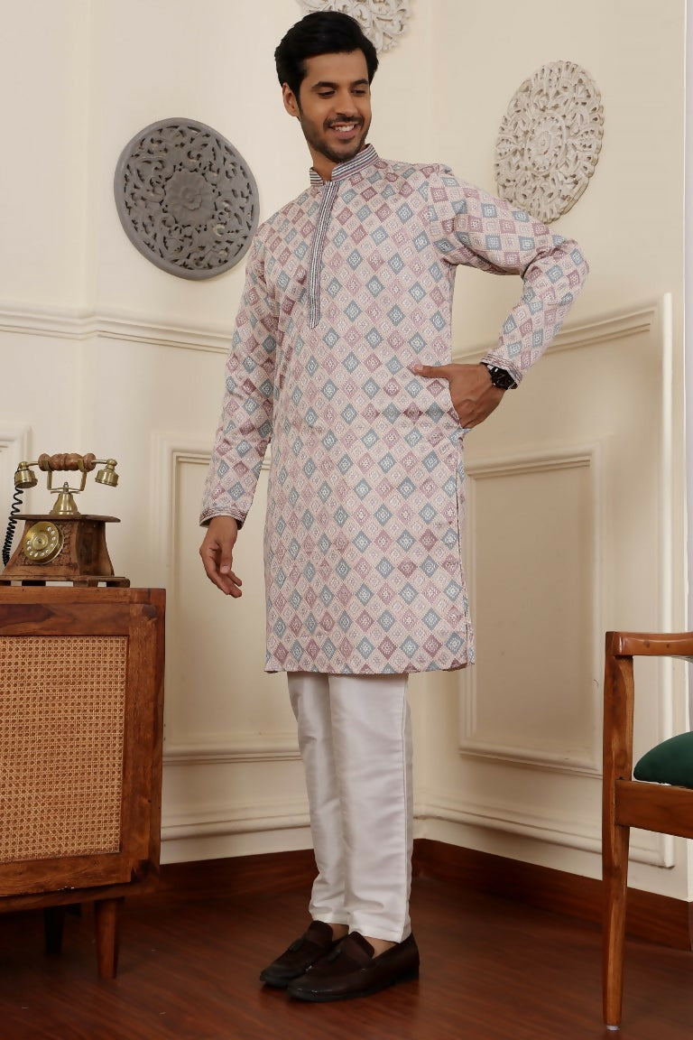 Cream Viscose Woven Jacquard Work Men's Rajwadi Kurta Set - Mahotsav | Grocsy