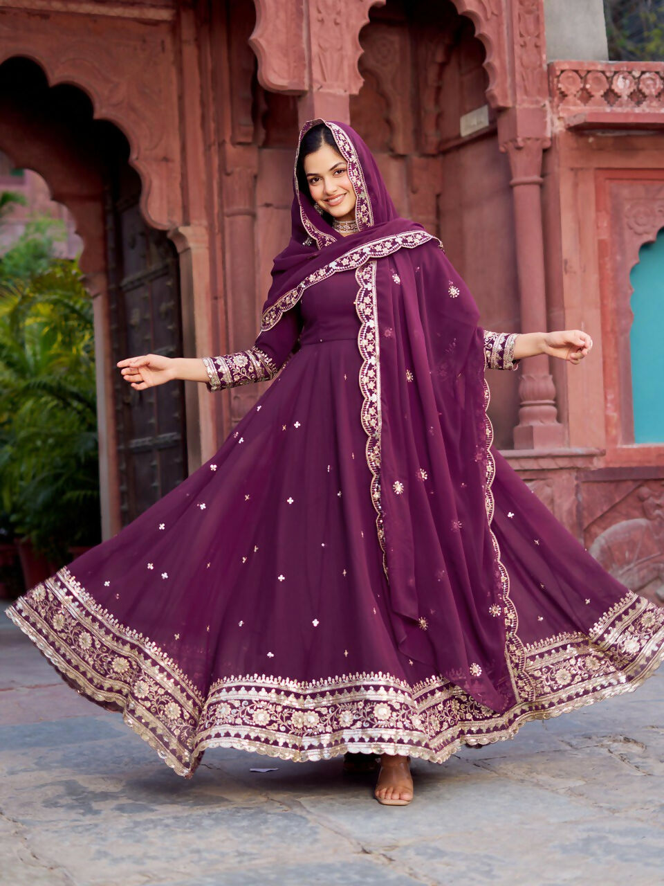 The52 Women's Beautiful Faux Georgette Fabric Embroidery Work Flared Anarkali Pant and Dupatta Set | Grocsy
