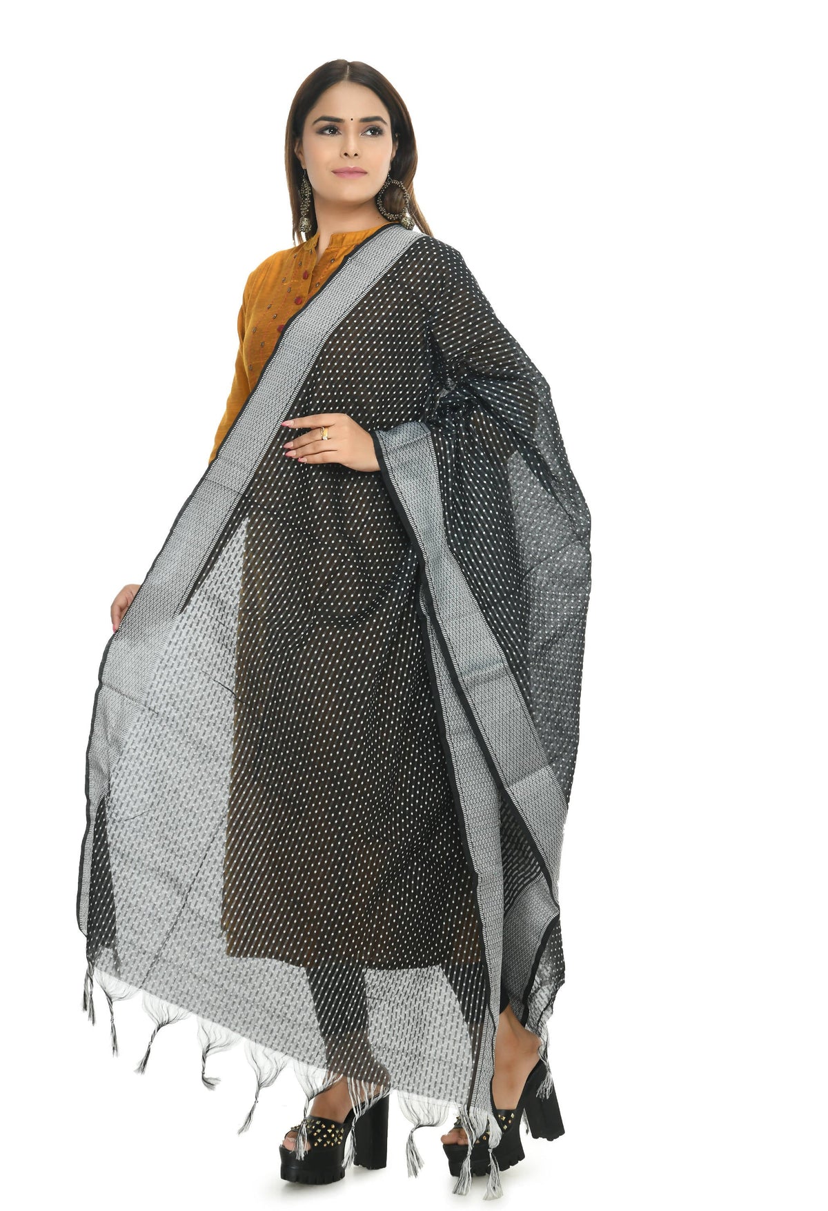 Mominos Fashion Moeza Handloom Cotton Black Dot Dupatta | Grocsy