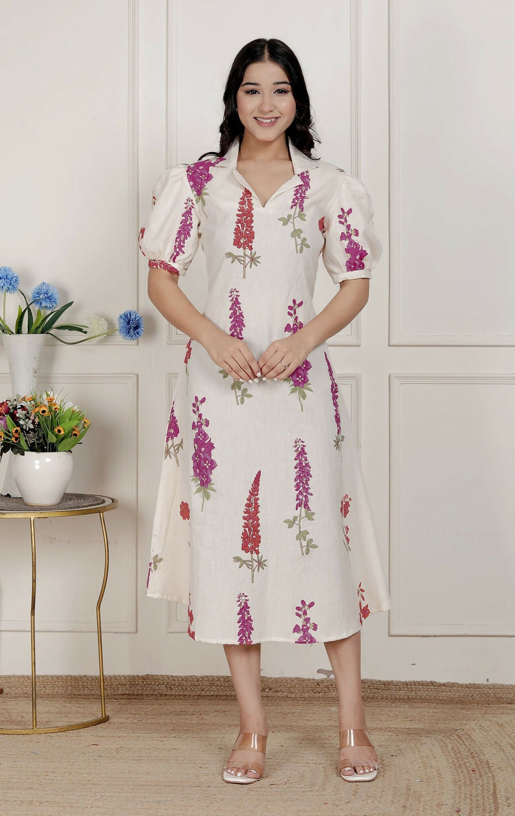 Miravan Womens Off White Flower Printed Cotton Flex Maxi Dress | Grocsy