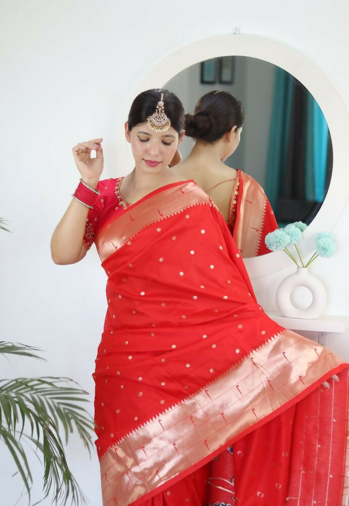 Red Woven Jacquard Designer Embroidery Work Party Wear Saree - Parampara | Grocsy