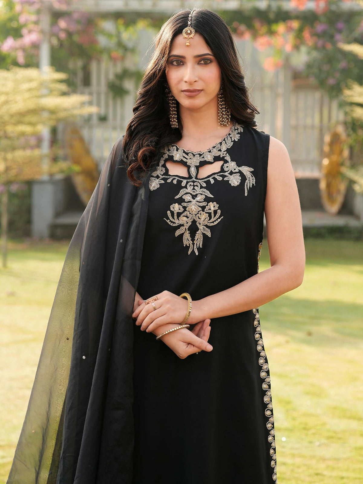 Nikhaar Black Embroidered Art Silk Stitched A Line Kurta Palazzo Dupatta Readymade Suit | Grocsy