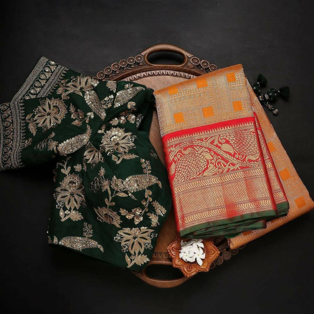DEIANA'S Beautiful Designer Golden zari Soft Lichi Silk Saree - Orange | Grocsy
