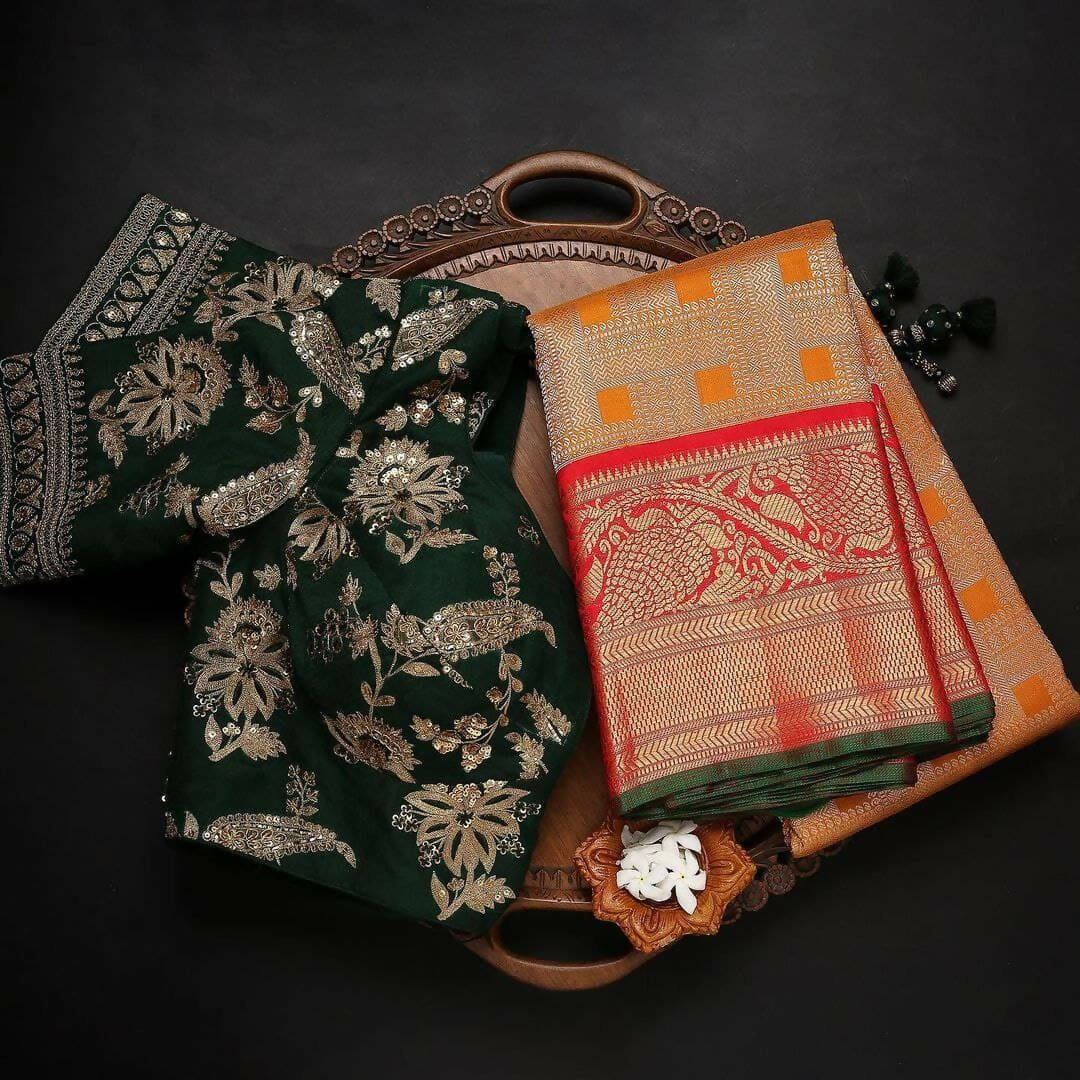 DEIANA'S Beautiful Designer Golden zari Soft Lichi Silk Saree - Orange | Grocsy