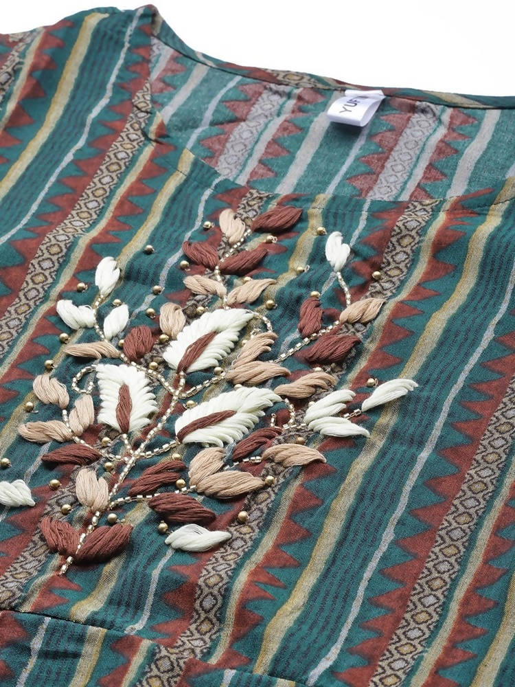 Yufta Teal Green & Coffee Brown Striped Yoke Embroidered Midi A-Line Dress & Ethnic Jacket | Grocsy
