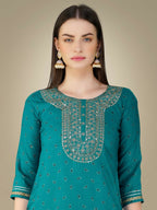 Jyoti Fashion Women's Rama Cotton Magic Slub Embroidery & Sequence work Kurta with Trouser & Dupatta | Grocsy