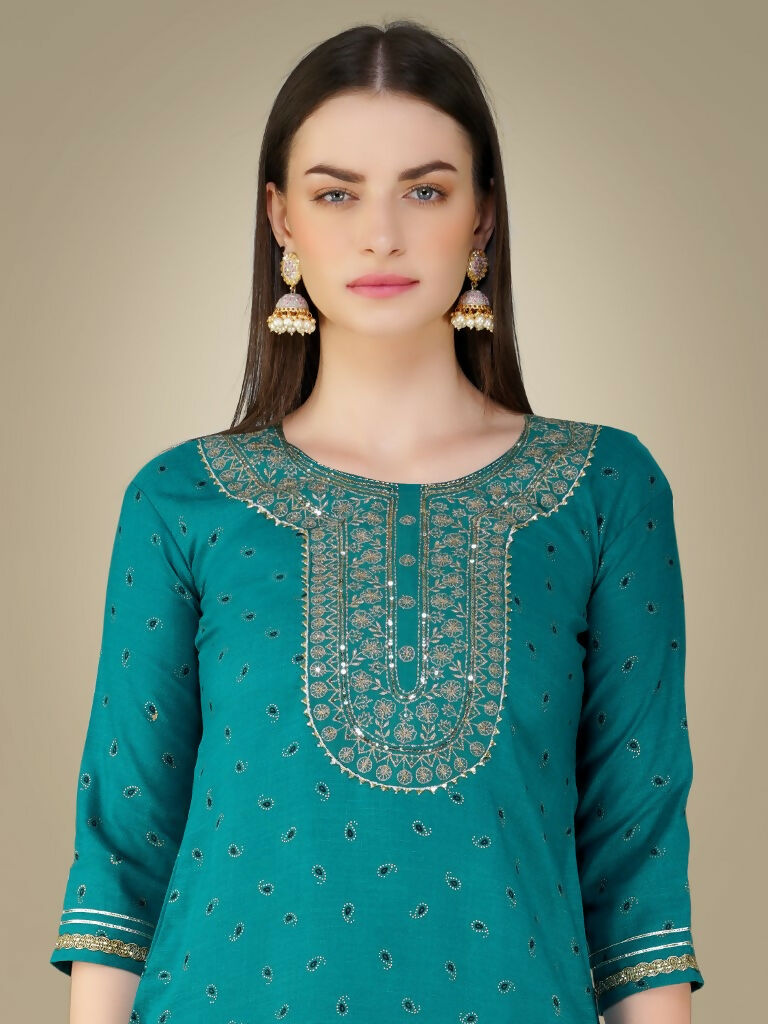 Jyoti Fashion Women's Rama Cotton Magic Slub Embroidery & Sequence work Kurta with Trouser & Dupatta | Grocsy