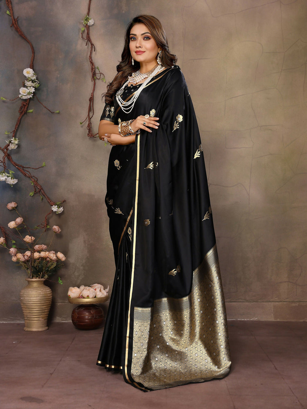 Joban Fashion Black Floral & Botanical Motifs Satin Silk Banarasi Silk Saree | Grocsy
