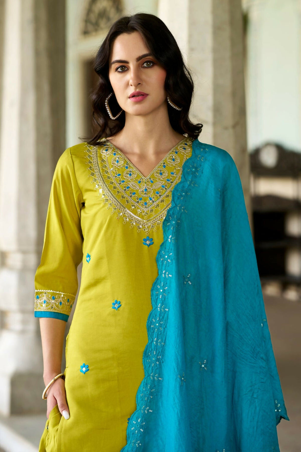 The52 Lemon Beautiful Embroidered Viscose Chanderi Fabric Straight Kurta Pant with Dupatta Set | Grocsy