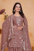Teeya Creation Onion Color Faux Georgette Embroidery Work Wedding Wear Palazzo Set | Grocsy