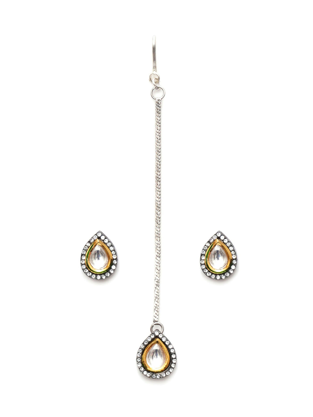 Dual Tone Kundan Maang Tikka with Earrings Jewellery Set (silver) - Ruby Raang | Grocsy
